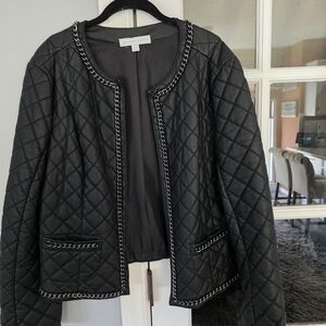 New York And Company Black Quilted Faux Leather Chain-Trim Jacket Large